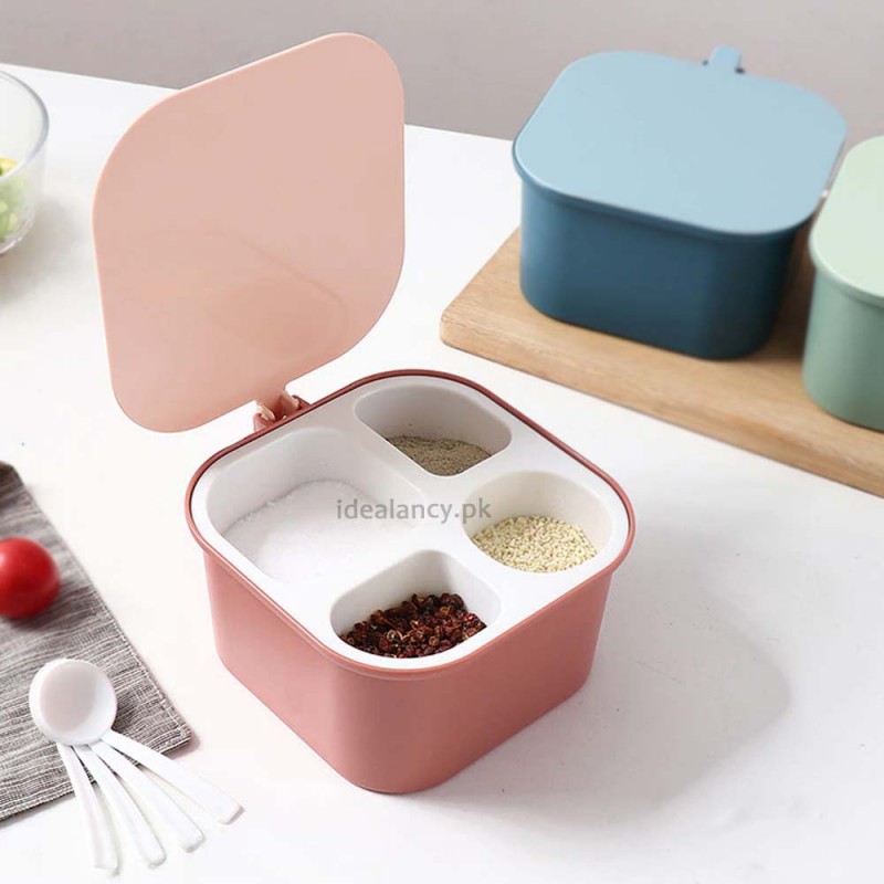 4 Grid Spices Storage Box With Spoon