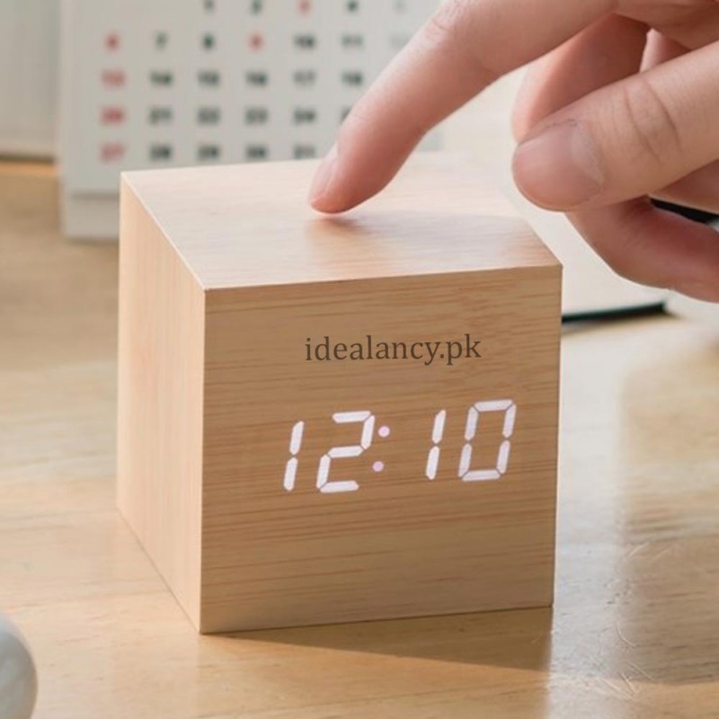 Wood LED Table Clock With Alarm & Voice Control