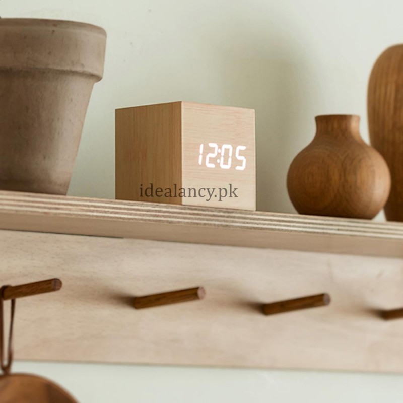 Wood LED Table Clock With Alarm & Voice Control