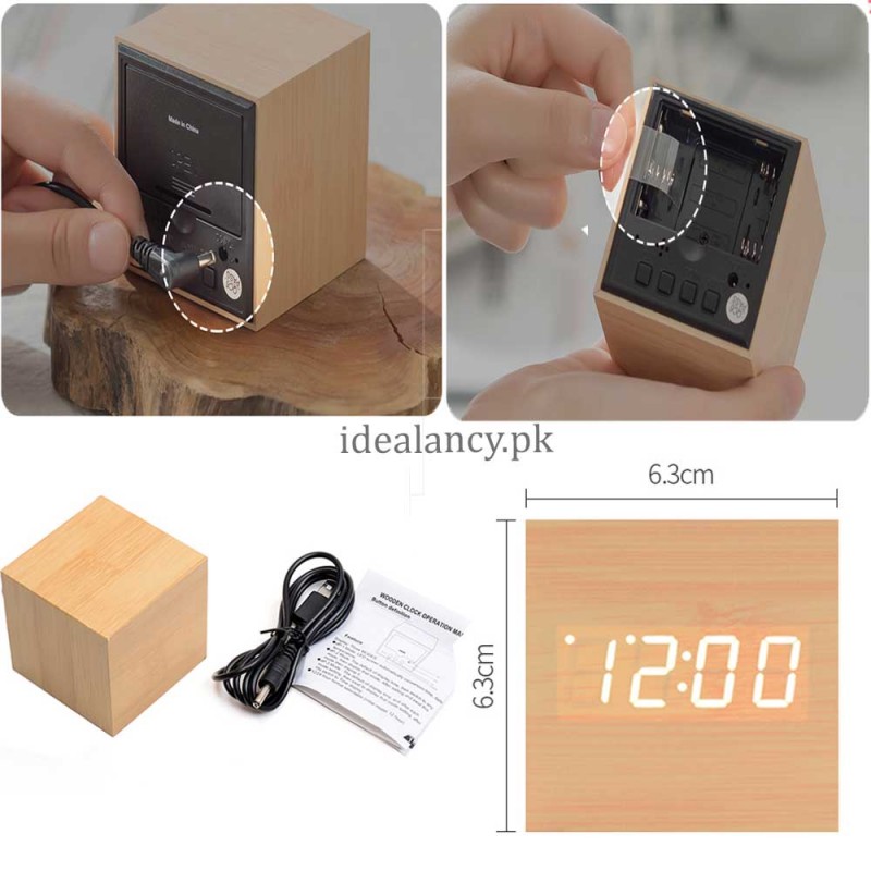 Wood LED Table Clock With Alarm & Voice Control