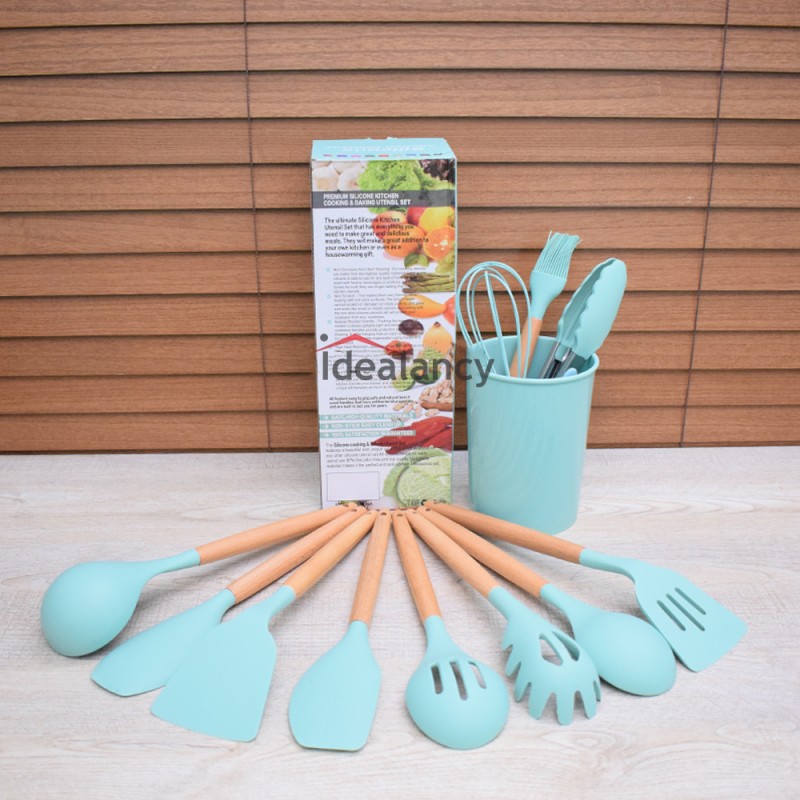 12pcs Silicone Utensil Set With Wooden Handle