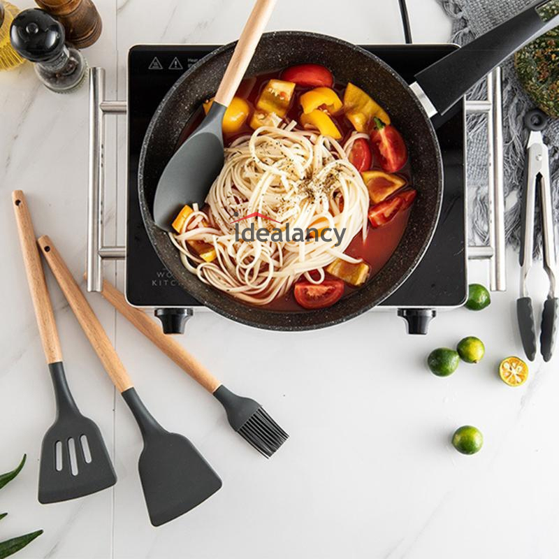 12pcs Silicone Utensil Set With Wooden Handle