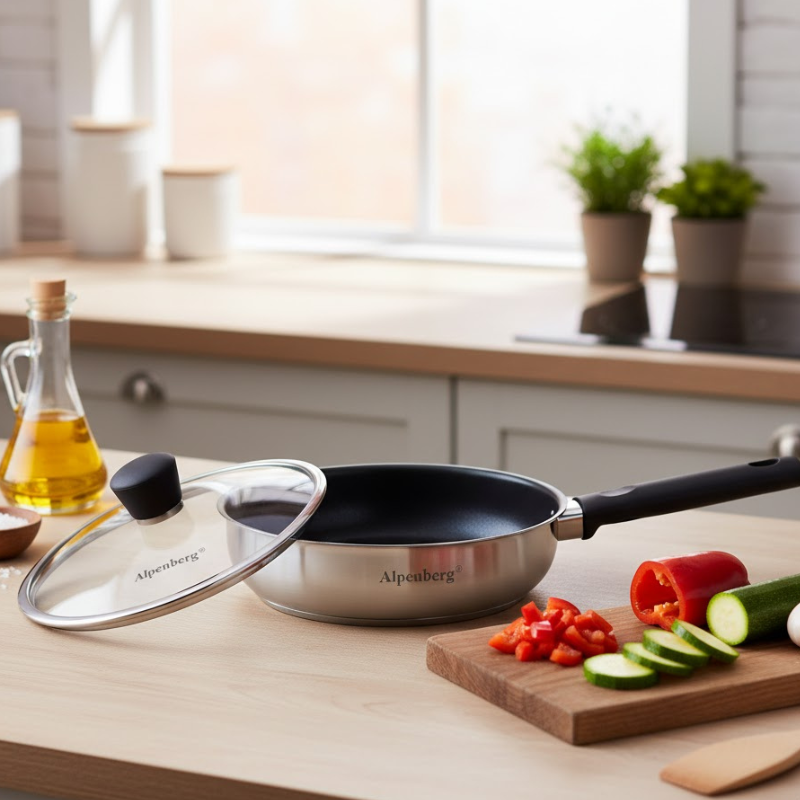 Alpenberg 22cm Stainless Steel Fry Pan with Glass Lid — Non-Stick Cookware