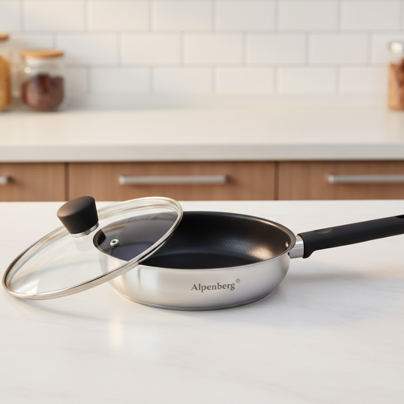 Alpenberg 22cm Stainless Steel Fry Pan with Glass Lid — Non-Stick Cookware