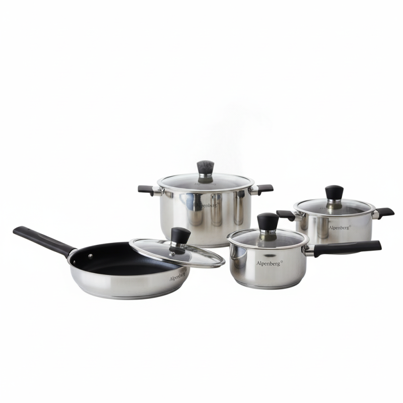 Alpenberg Stainless Steel 8-Piece Cookware Set | Pot & Pan Combo with Glass Lids