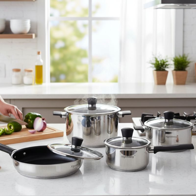 Alpenberg Stainless Steel 8-Piece Cookware Set | Pot & Pan Combo with Glass Lids