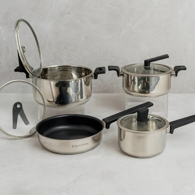 AlpenbergStainless Steel Cookware 8-Piece  Set – Non-Stick Frying Pans & Glass Lid Saucepots