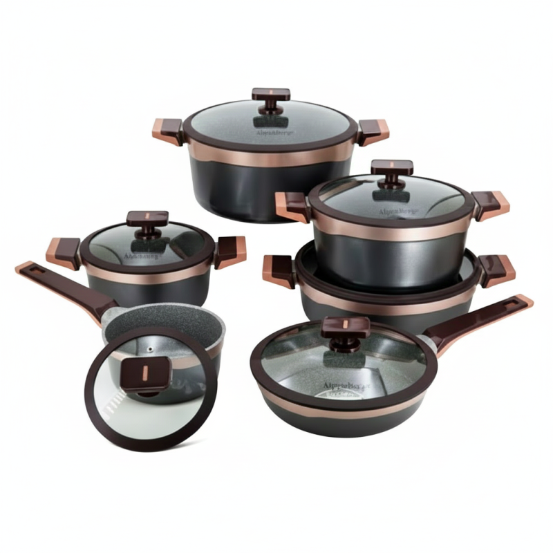 Alpenberg Cookware Set Gray & Copper 12-Piece Non Stick Pots & Pans with Glass Lids