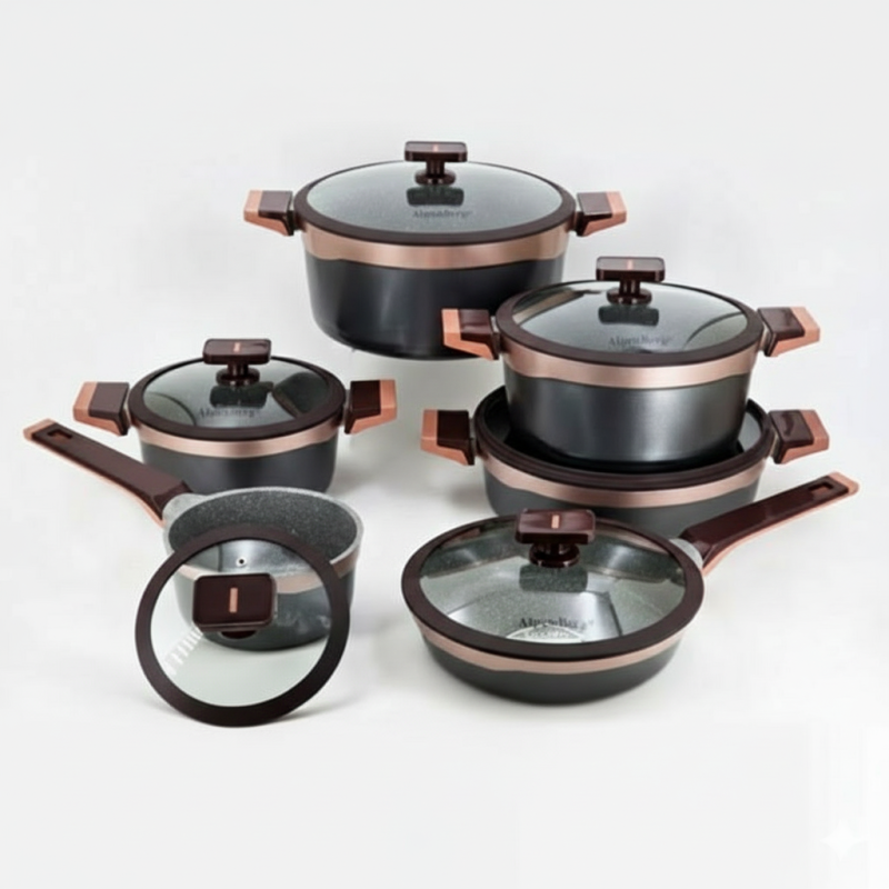 Alpenberg Cookware Set Gray & Copper 12-Piece Non Stick Pots & Pans with Glass Lids