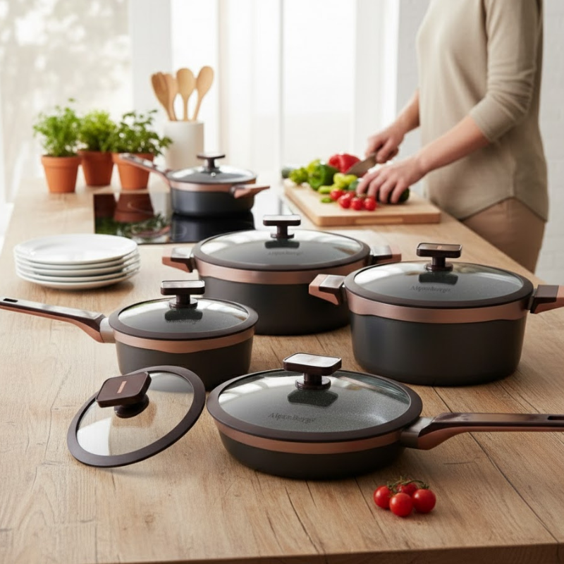 Alpenberg Cookware Set Gray & Copper 12-Piece Non Stick Pots & Pans with Glass Lids