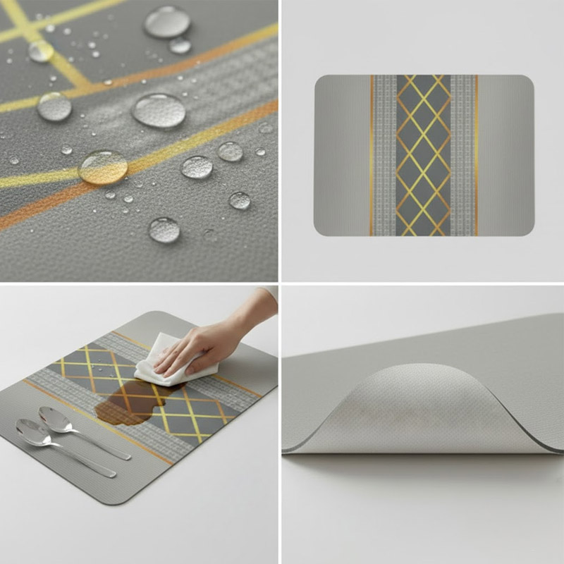 Anti-Slip Dish Drying/Dining Table Mat-Grey & Gold Accent Stripe Design
