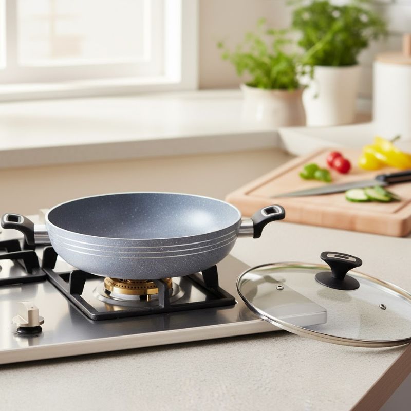 Kitchen King Marble Coated Marbelo Wok Karahi with Glass Lid 26 cm