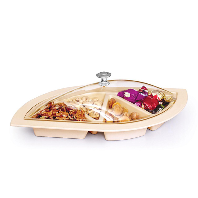 Dry Fruit Tray Dish 4 Partition Leaf Design with Clear Dome Cover