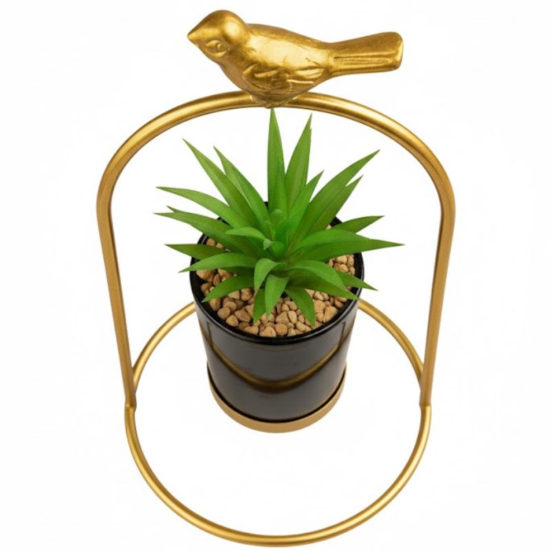Golden Metal Bird Pot with Ceramic Plant