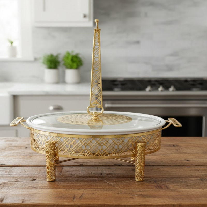 Brilliant Oval Serving Hot Dish with Candle Stand Luxury Buffet Ware