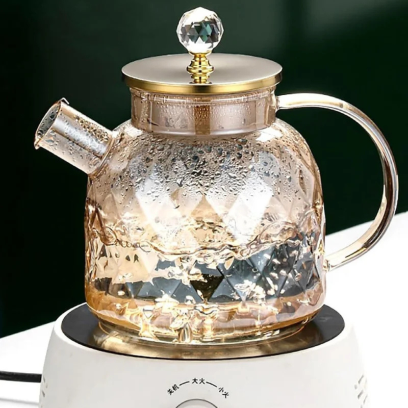 Glass Tea Kettle With Bamboo Lid Diamond Cut Design Heat Resistant ...