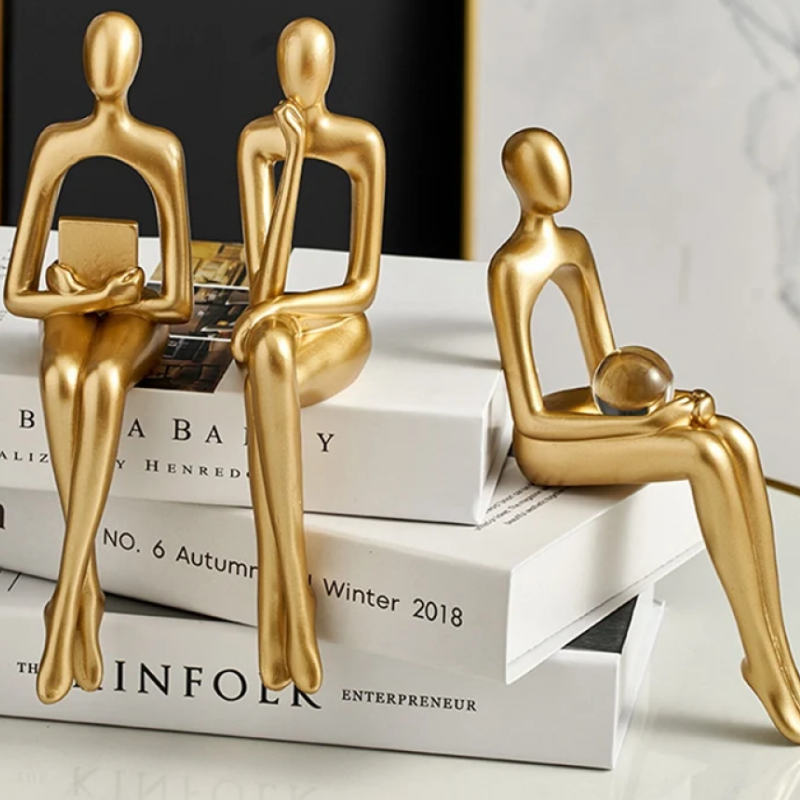 NEW Gold Decor Abstract Thinker Statue Art Sculpture Set of 3 Golden