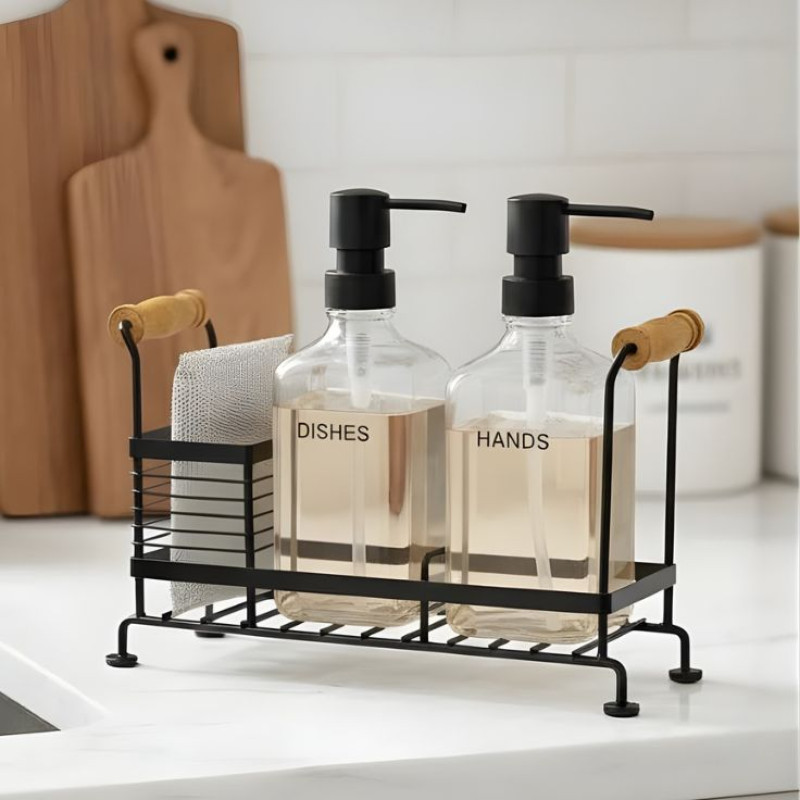 Limon Twin Glass Liquid Dispensers Set With Stand and Sponge