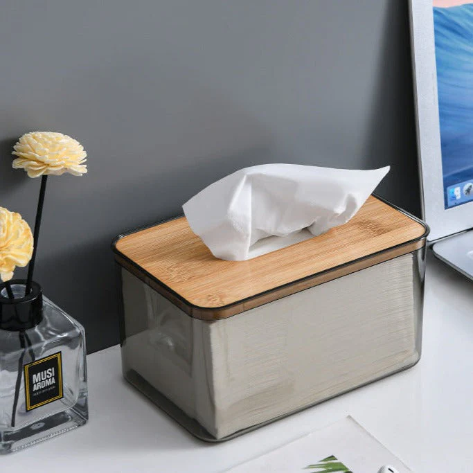 Acrylic Tissue Box with Wooden Top – Stylish Home Organizer
