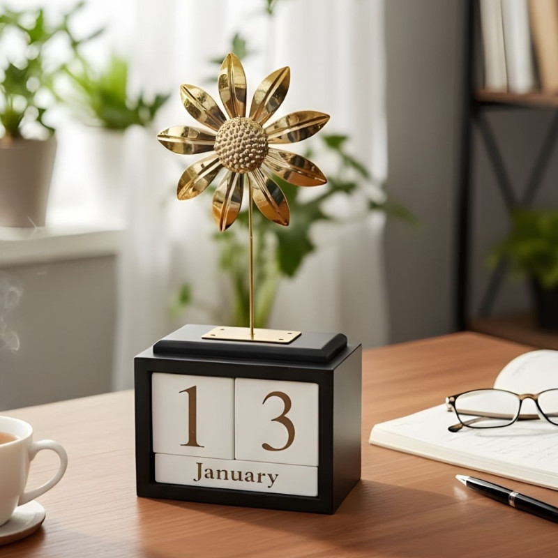 Golden Bloom Perpetual Calendar Elegant Desktop Date Display