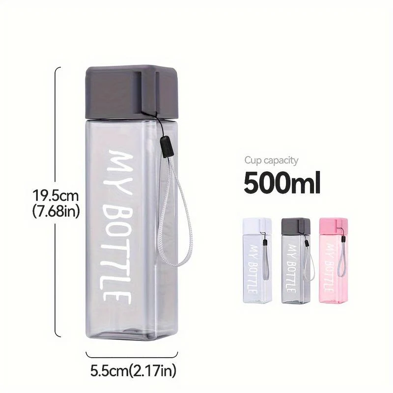 Square Plastic Water Bottle 500ml with Lid & Lifting Rope