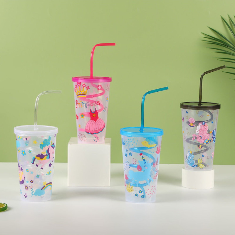 Plastic Glass 650ml Drink Holder with Attached Straw Ring