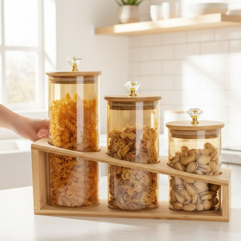 Glass Jar Set with Wooden Stand