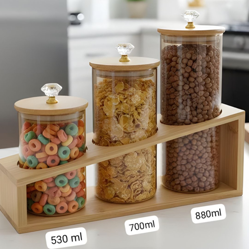 Glass Jar Set with Wooden Stand