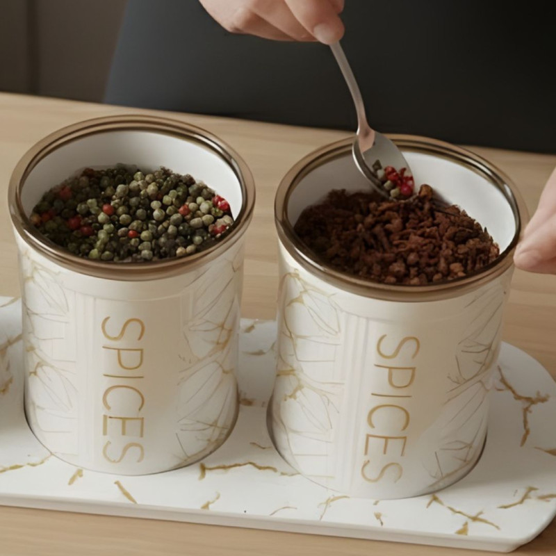 Ceramic 3 Piece Kitchen Spice Set with Tray Super Airtight