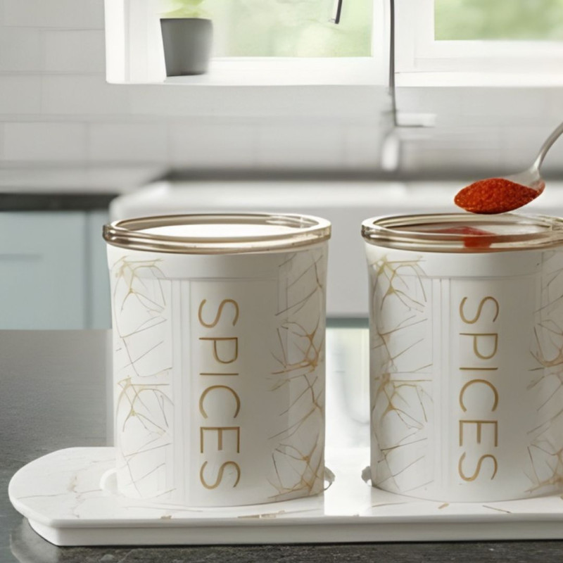 Ceramic 3 Piece Kitchen Spice Set with Tray Super Airtight