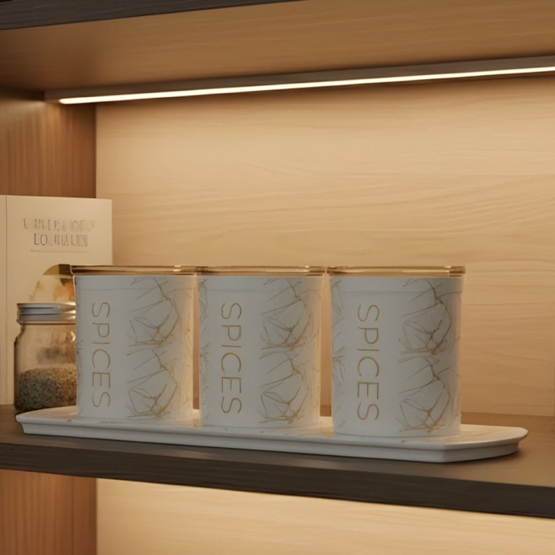 Ceramic 3 Piece Kitchen Spice Set with Tray Super Airtight