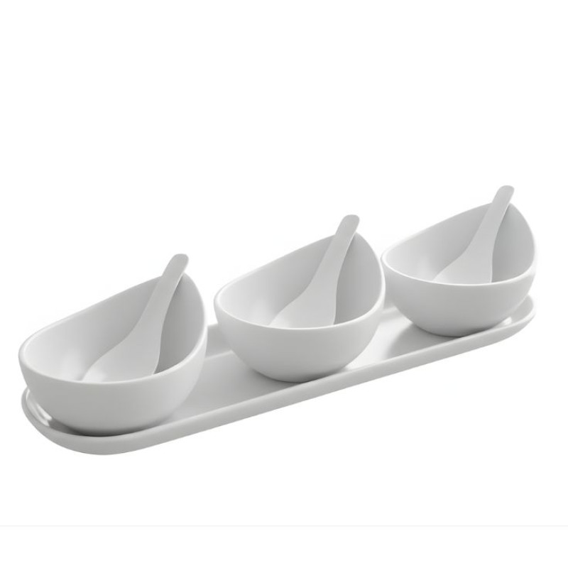 Melamine 7 PCS White Serving Set OF Bowls And Soup Spoons With Tray