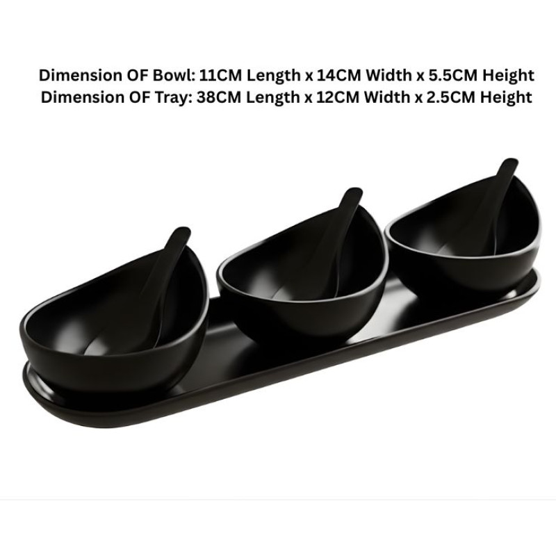 Melamine 7 PCS Black Serving Set OF Bowls And Soup Spoons With Tray