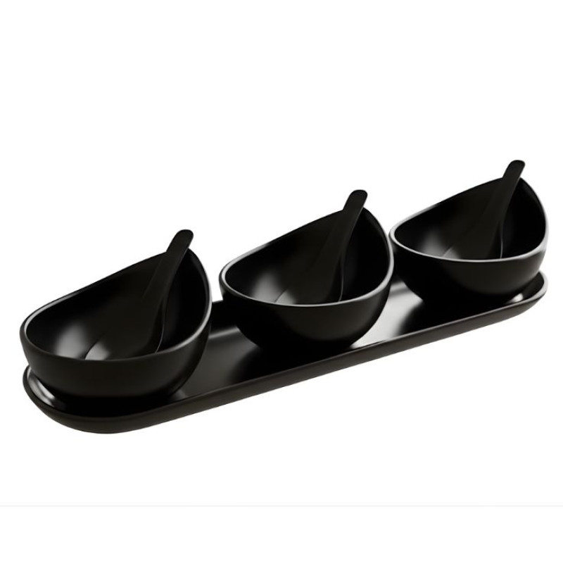 Melamine 7 PCS Black Serving Set OF Bowls And Soup Spoons With Tray