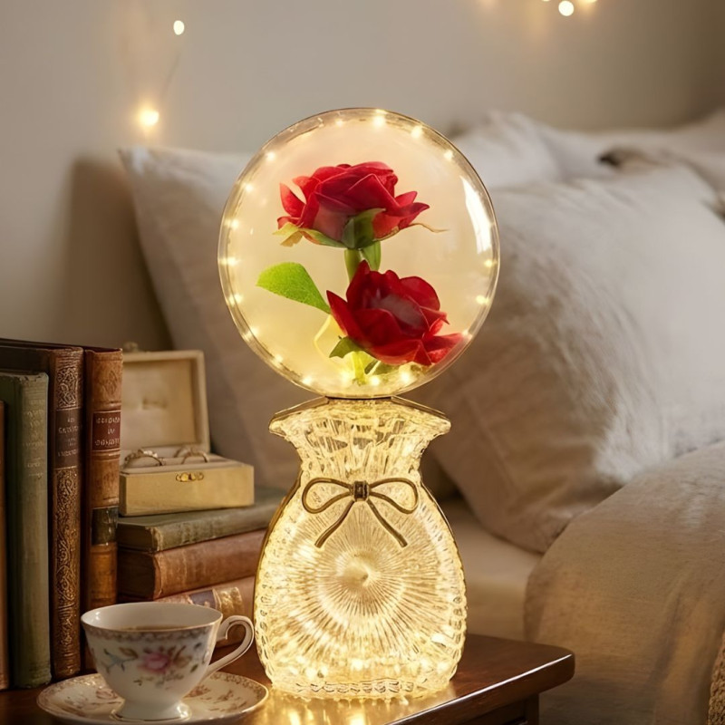 LED Artificial Rose Globe Lamp With Bow Crystal Base Night Light