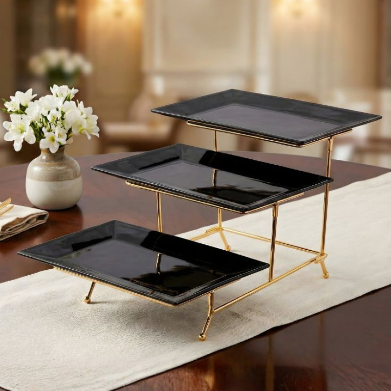 Melamine 3 Black Medium Platter With Golden Stand