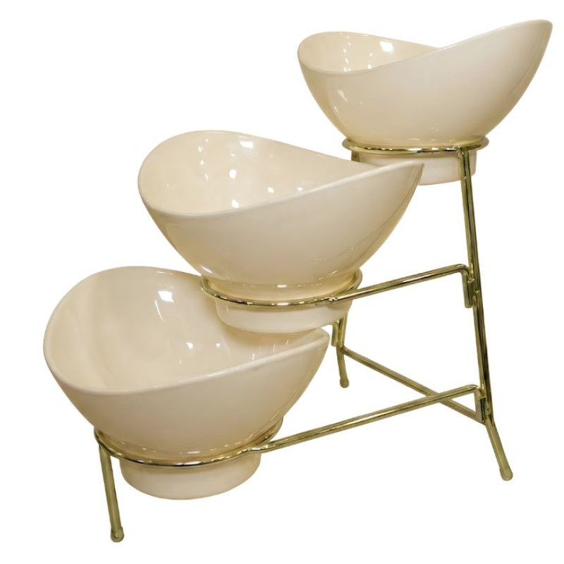 Melamine 2 Medium And 1 Small Cream Lotus Bowls With Golden Stand