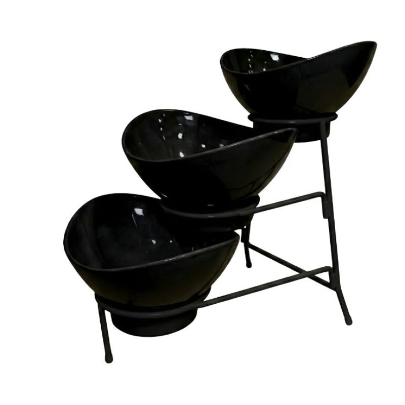 Melamine 2 Medium And 1 Small Black Lotus Bowls With Black Stand