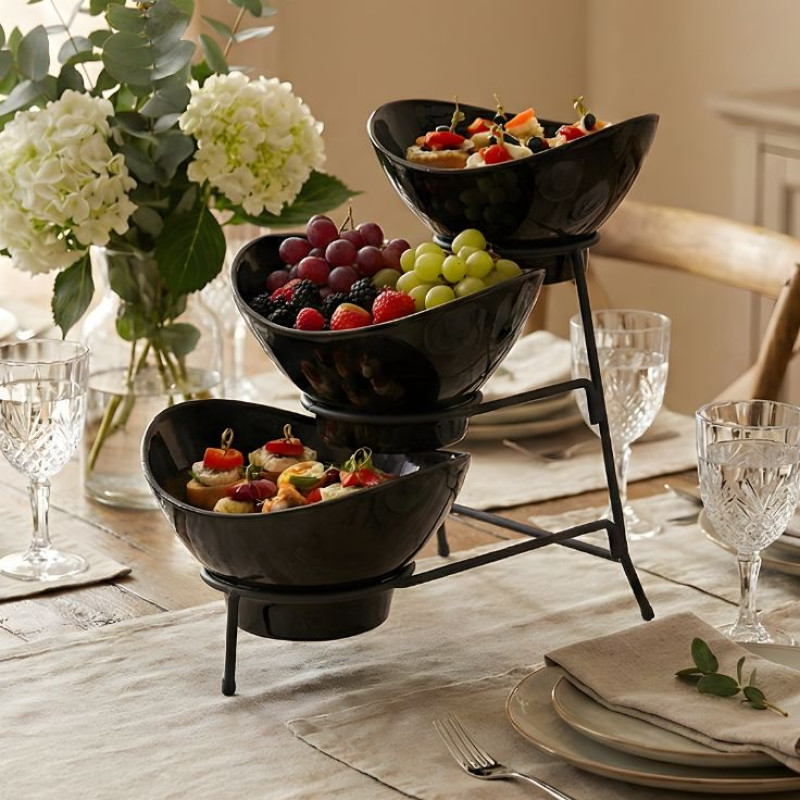 Melamine 2 Medium And 1 Small Black Lotus Bowls With Black Stand