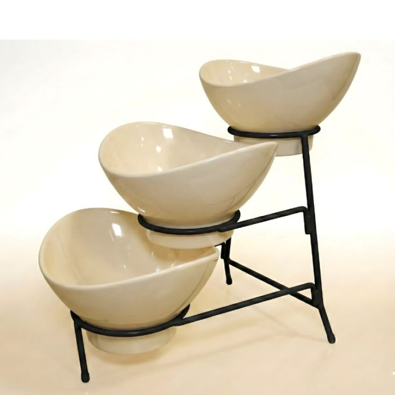 Melamine 2 Medium And 1 Small Cream Lotus Bowls With Black Stand