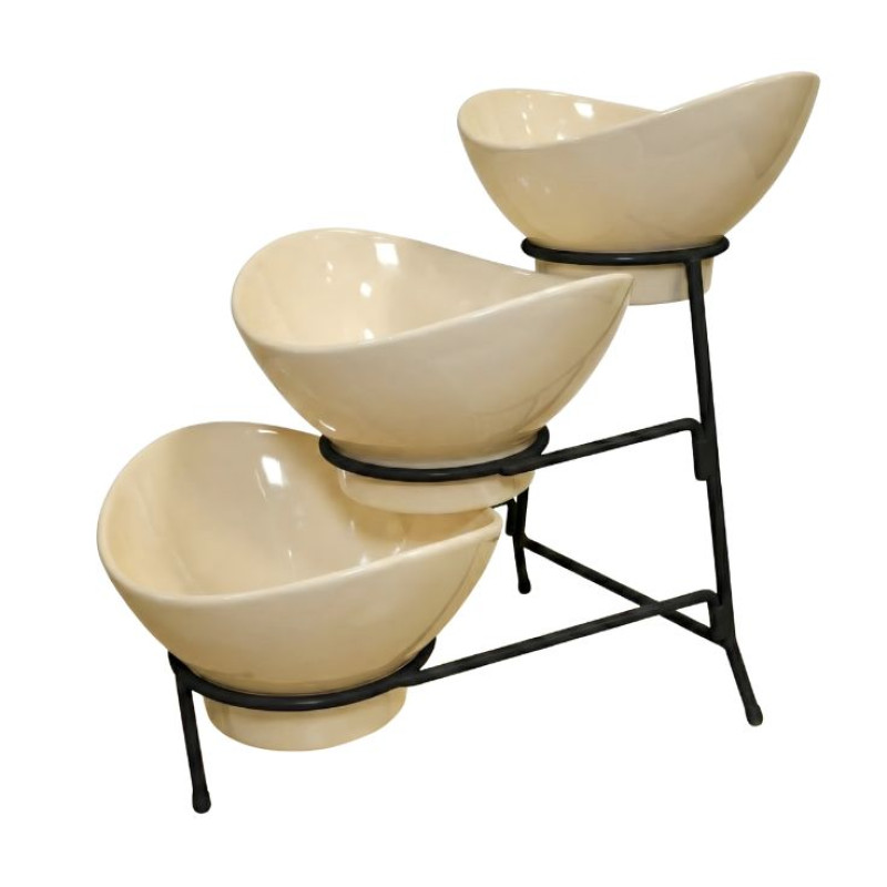 Melamine 2 Medium And 1 Small Cream Lotus Bowls With Black Stand