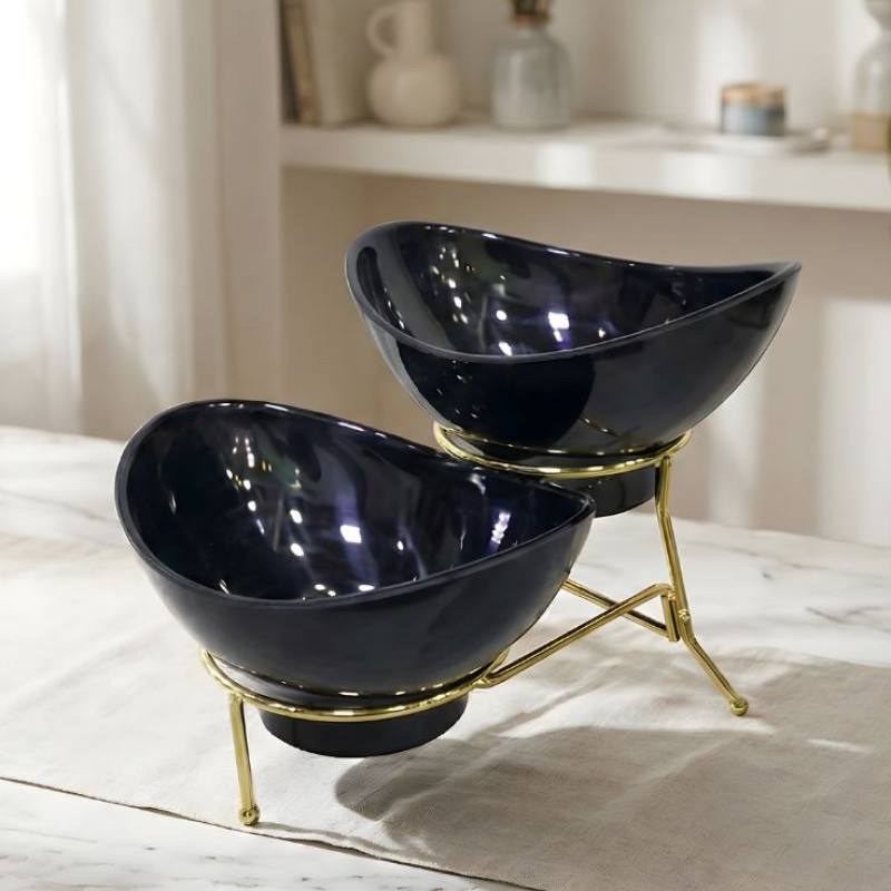 Melamine 2 Small Black Lotus Bowls With Golden Stand