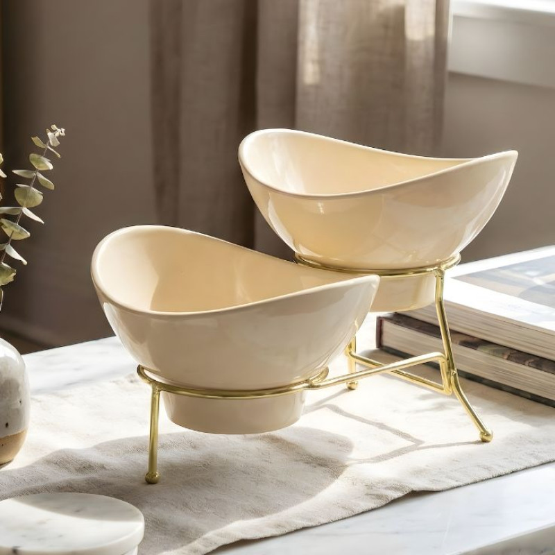 Melamine 2 Small Cream Lotus Bowls With Golden Stand