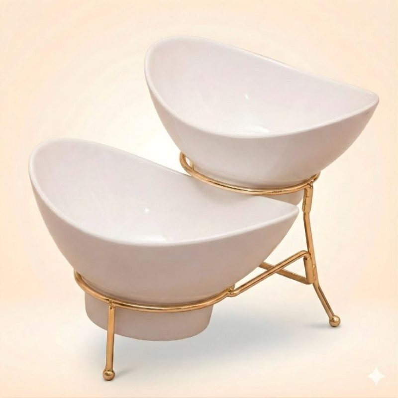 Melamine 1 Medium And 1 Small White Lotus Bowls With Golden Stand