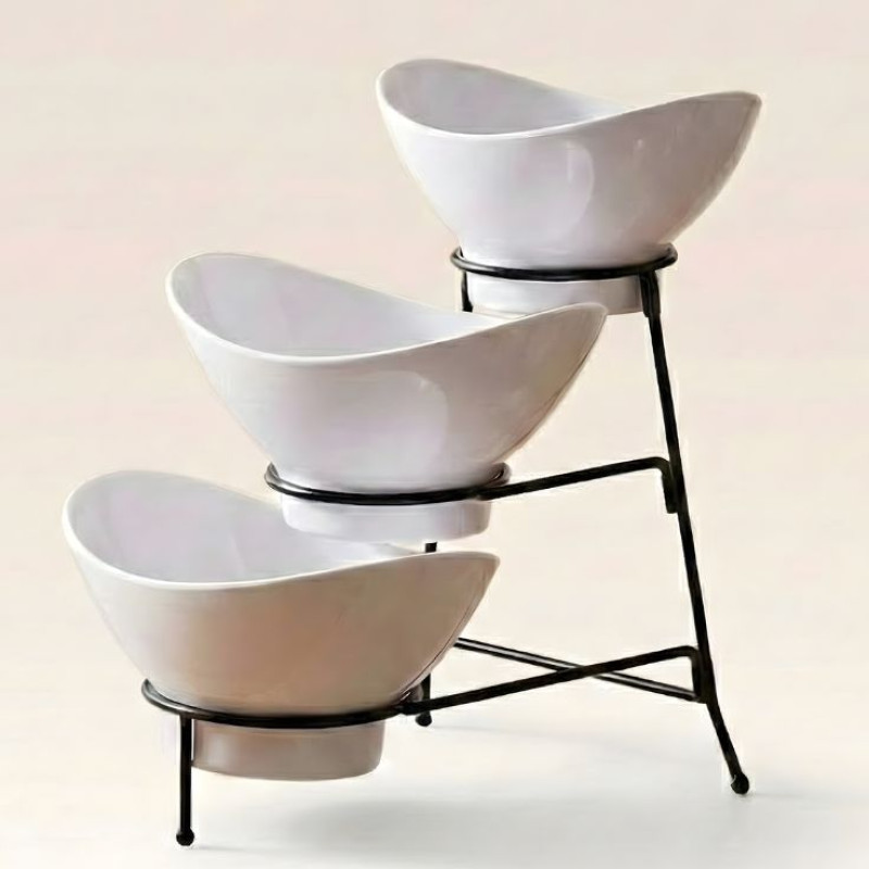Melamine 2 Medium And 1 Small White Lotus Bowls With Black Stand