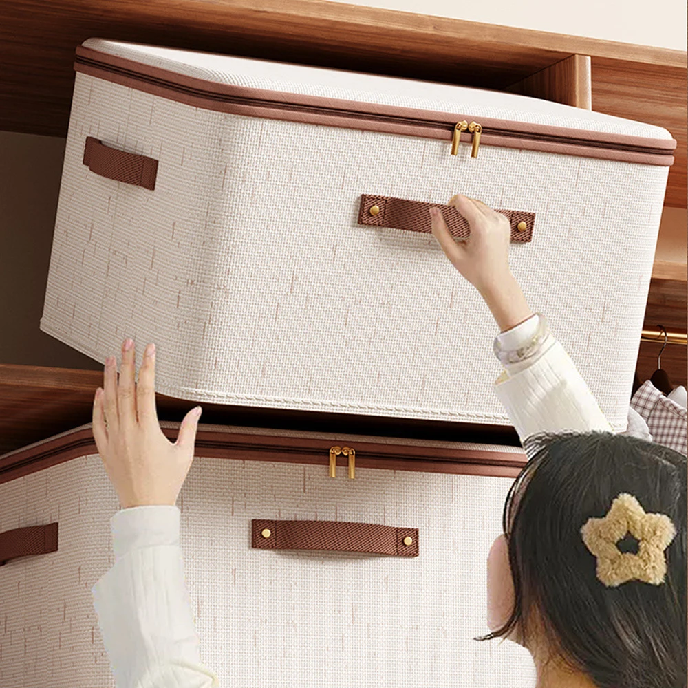Collapsible Linen Clothes Storage Organizer Box With Dual Zipper