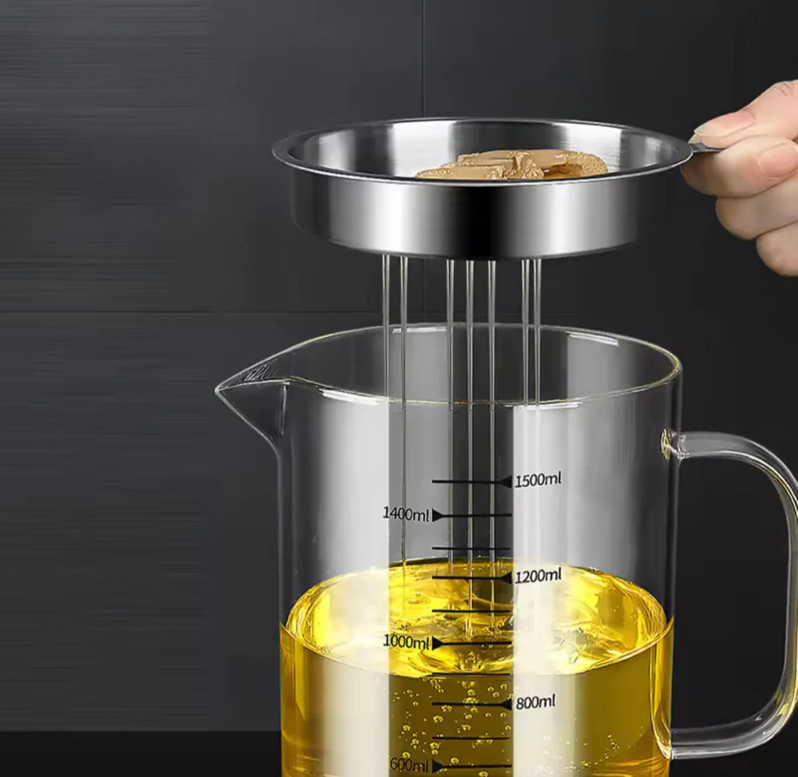 1200ML Glass Oil Filter Pot Kitchen Oil Strainer Container