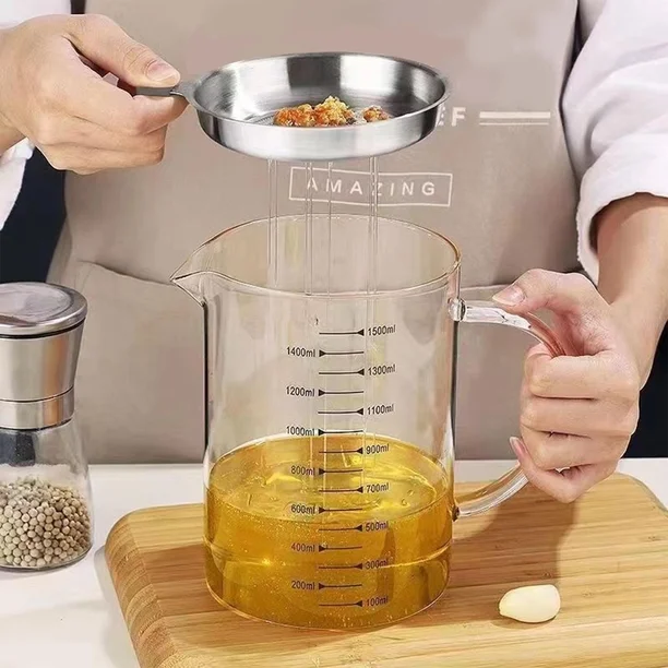 1200ML Glass Oil Filter Pot Kitchen Oil Strainer Container