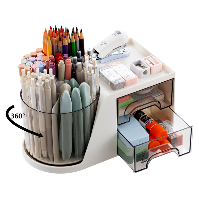 360° Rotating Desk Organizer with Mirror 2 Drawers & 7 Storage Slots