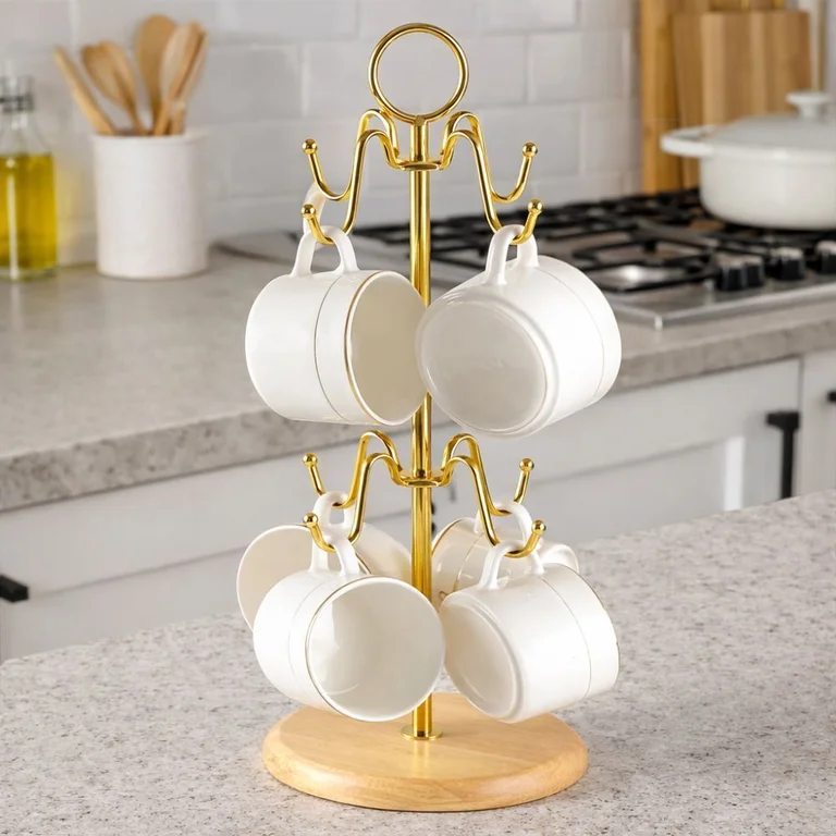 Mug Holder Golden Frame with Wooden Stand